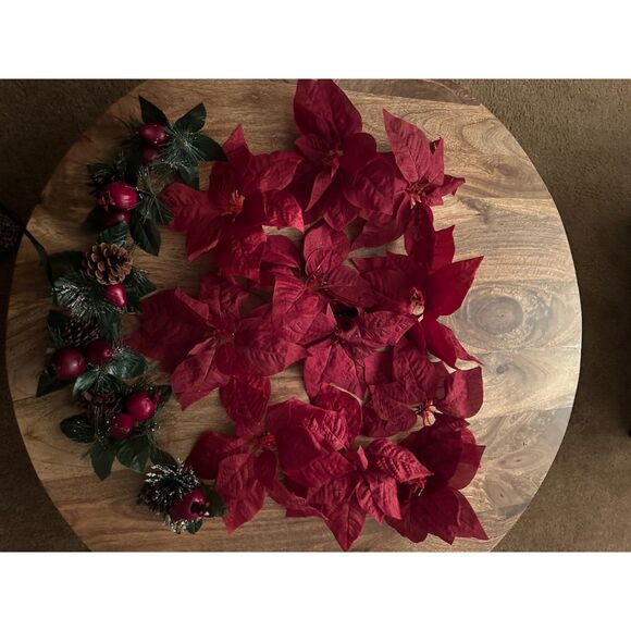 Red Poinsettia 11 Flowers & 6 Pine Tree Ornaments (some with pine cone) - Picture 1 of 9